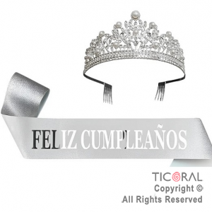 SET VINCHA Y BANDA FELIZ CUMPLEA�OS PERLAS Y STRASS PLATA (10548E) X 1